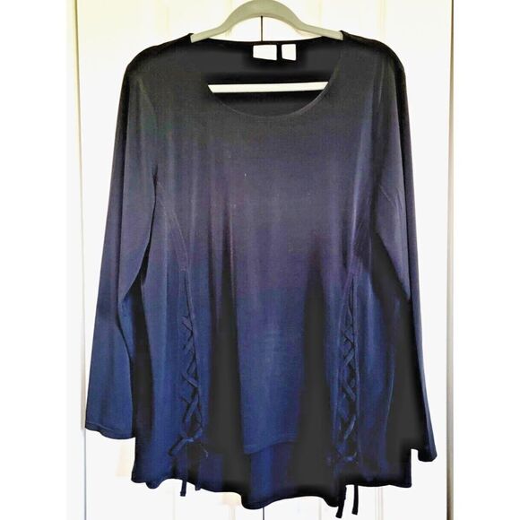 Chico's 2‎ Black Lattice Crossover Front Tunic Blouse Liquid Knit Sz L Long Slv - Picture 1 of 6